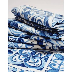 Fata de masa Bosfor Decor, Dreptunghiulara, Mozaic Floral Albastru Bumbac Teflonat