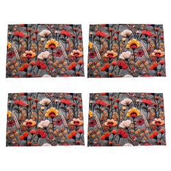 Suport Farfurie, Model Flori, Bosfor Decor, bumbac teflonat, Gri/Multicolor, 4 bucati, 35 x 50 cm